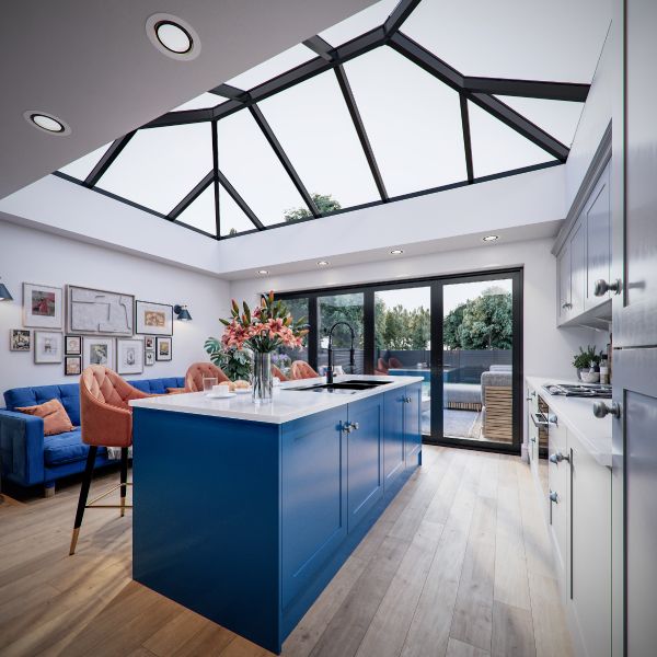 kitchen displaying large iconiq roof lantern with black frame