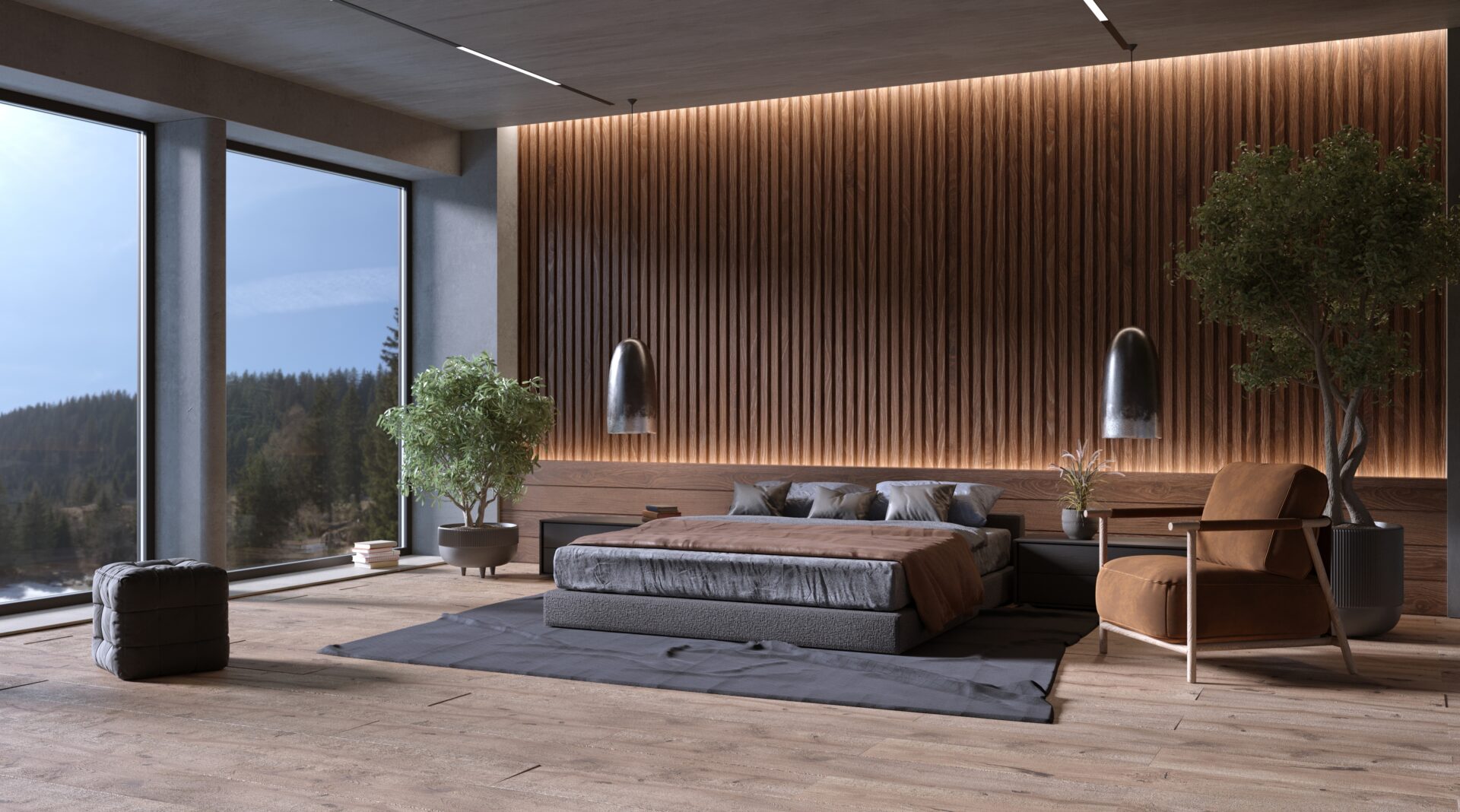 Modern,Bedroom,Interior,With,Slat,Wood,Wall,Panels,,3d,Rendering